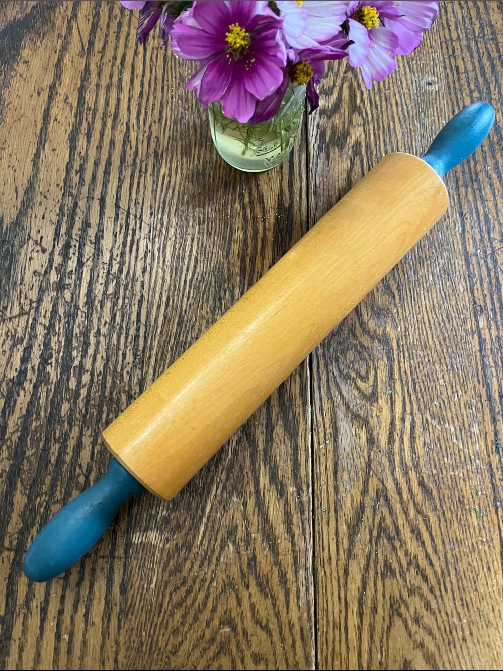 Vintage Wooden Rolling Pin with Teal Handles - Home Accents